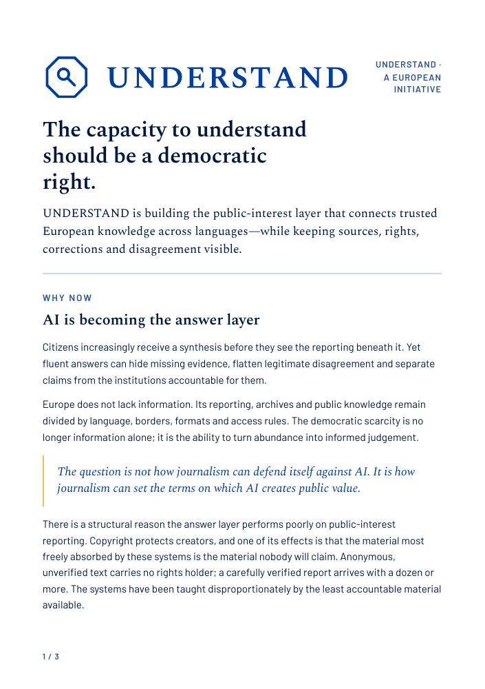 First page of the UNDERSTAND strategic partners one-pager